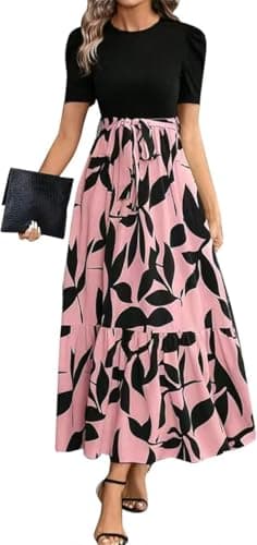 Image of Yinguo My Orders, Evening Dress,Summer Dresses for Women UK 2025 Elegant Boho Vacation Floral Tie Belted Patchwork Empire Waist Short Sleeve Modest Elegant Beach Flowy Maxi Dress