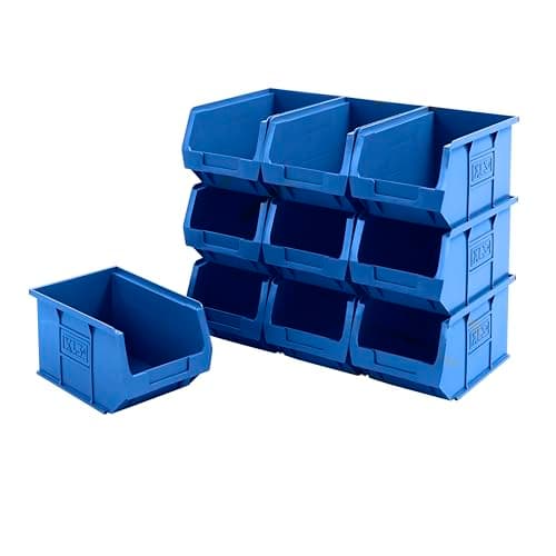Image of BiGDUG Plastic Parts Bins - Stackable or Wall Mounted Storage Boxes Garage Organiser - Pack of 10 - 125H x 150W x 240D mm - Blue