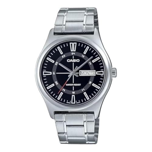 Image of Casio MTP-V006D-1C Men's Stainless Steel 24 Hour Black Index Dial Day Date 3-Hand Analog Watch, black, casual