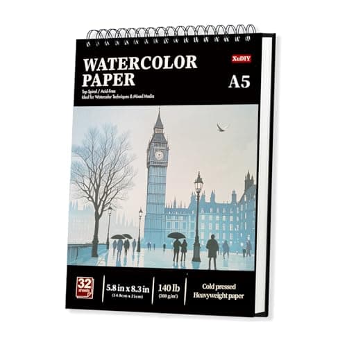 Image of A5 Watercolour Paper Pad, 32 Sheets (64 Pages), 300GSM (140LB) Cold-Press, Natural White, Spiral-Bound A5 Sketchbook, Drawing Pad, Mixed Media Paper – Suitable for Beginners & Hobbyists