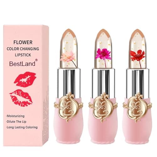 Image of 3 Packs Flower Jelly Lipstick Set Magic Temperature Color Change Lip Balm Long Lasting Moisturizer Lip Gloss Flower Jelly Lipstick Makeup Set (3PCS Set A)