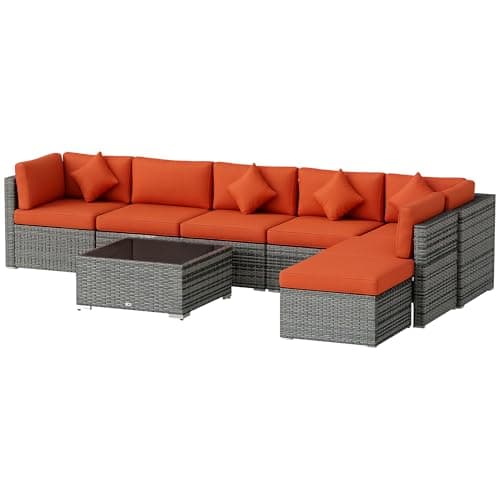 Image of Outsunny 8 Pieces PE Rattan Corner Sofa Set, Outdoor Garden Furniture Set, Patio Wicker Sofa Seater w/Cushion, Washable Cushion Cover & Tempered Glass Table, Orange
