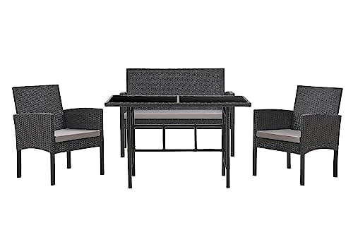 Image of EVRE Black Porto Garden Rattan Furniture Set 4 Piece Seat 1 Sofa 2 Chair Dining Outdoor Conservatory Wicker Weave Lounge Sofa and Glass Top Table with Cushions
