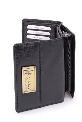 Image of Catwalk Collection Handbags - Ladies Medium Leather Purse - Women's Trifold Wallet with 8 Card Slots & Zip Coin Pocket - RFID - Victoria - Black