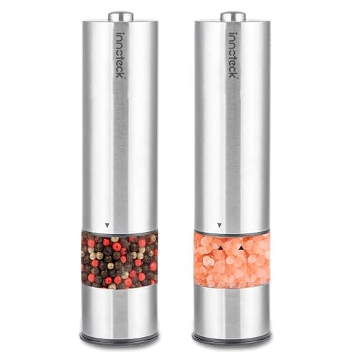 Image of Innoteck Electric Salt and Pepper Mill Set - Battery-Operated Stainless-Steel Pepper Mill with Light - One Touch Operation - Salt & Pepper Mills - Adjustable Coarseness - Ceramic Grinder