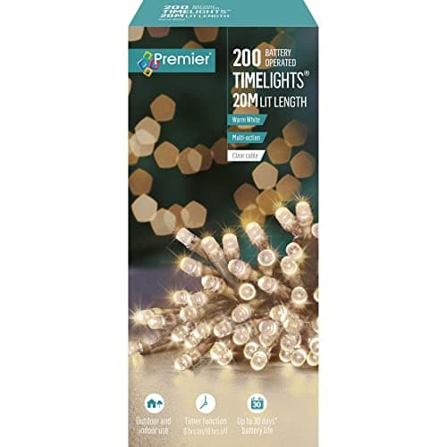 Image of Premier 200 Timelights Battery Operated 20m Clear Cable Multi Action String Lights - Warm White