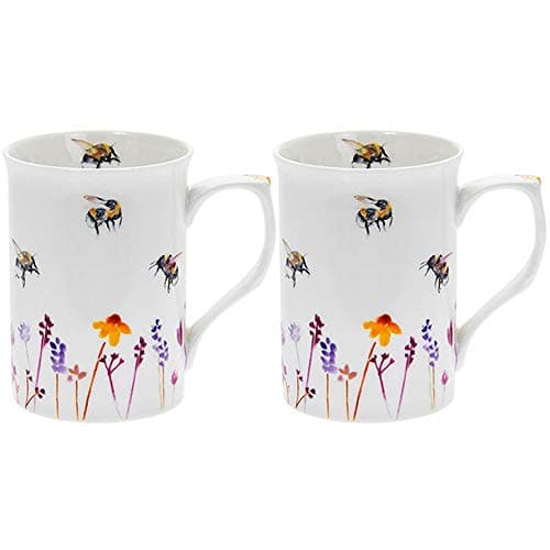 Image of The Leonardo Collection Jennifer Rose Gallery Busy Bees Mugs Set of 2 for Hot Drinks | Fine China Printed Coffee Cups for Kitchen & Home | Reusable Tea and Coffee Mugs for Every Occasion