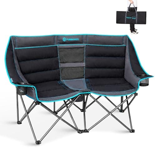 Image of FUNDANGO Extra Wide Double Camping Chair, 2 Seater Padded Loveseat with Built-in 6-Can Cooler Bag, Heavy Duty Folding Outdoor Sofa for Adults, Garden, Fishing, Beach & Festivals - Supports up to 300kg