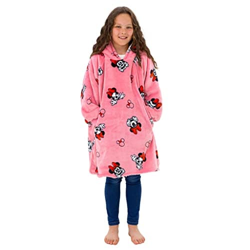 Image of Disney Official Minnie Mouse Oversized Wearable Hooded Fleece, Super Warm and Cosy Sherpa Lined, Love Design | Perfect For Kids Aged 7-12 Years, One Size Suggested Height 85cm+ Pink