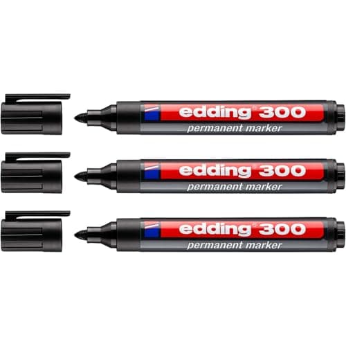 Image of edding 4-300001 300 Industry Permanent Marker - Bullet Tip - Labelling Cardboard, Metal, Rubber and Glass, Black (1.5-3 mm, Pack of 3)