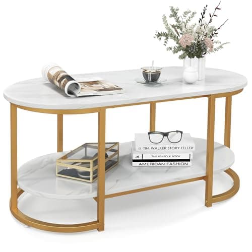 Image of CASART Faux Marble Coffee Table, 2-Tier Center Table with Wide Tabletop & Open Shelf, Metal Frame Accent Coffee Tables for Living Room Bedroom Office (White + Gold)