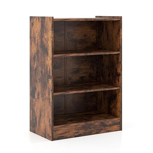 Image of SFAREST Wooden Bookcase, 3-Tier Compact Storage Bookshelf with 18-Positions Adjustable Shelves & Anti-toppling Device, Display Stand Shelving Unit for Office Bedroom Living Room (Rustic Brown)