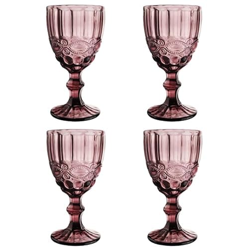 Image of Elvida Interiors Wine Glass Embossed Vintage Goblets Alfresco Dining Glassware Cuomo Purple Set of 4