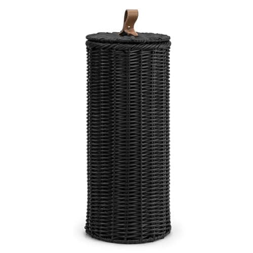 Image of Woodluv Round Handwoven Polypropylene Lidded Toilet Roll Holder, Loo Roll Keeper, Storage Organiser, Storage Basket With Lid, Freestanding Unit, For Home, Bathroom - Black, Dia. 18cm x 40 cm (H)