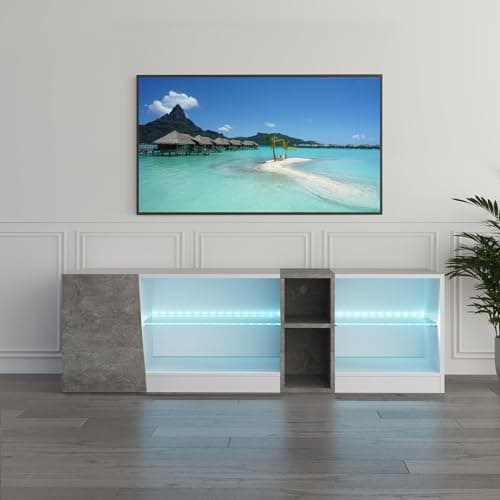 Image of Mondeer TV Unit, TV Stand Cabinet with Led Lights 5 Open Compartments and 1 Door, for 55inch TVs, for Living Room Bedroom, W140 x H45 x D37.5 cm, White and Grey