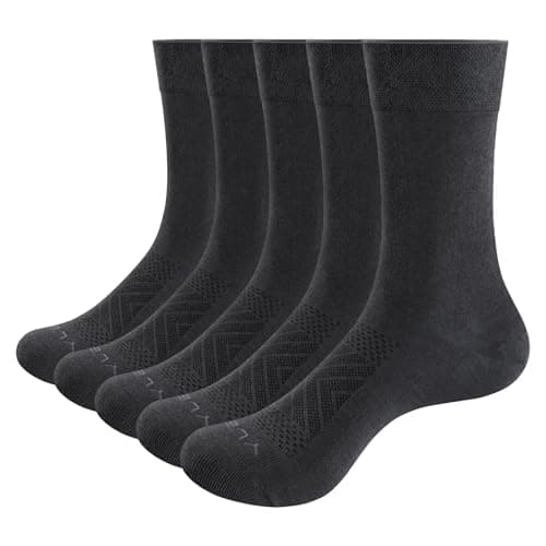 Image of YUEDGE 5 Pairs Casual Cotton Crew Dress Everyday Socks Leisure Light Thin Breathable Mens Socks, Dark Grey, Men Shoe 6-9 UK Size