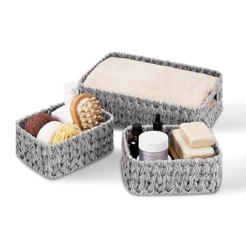 Image of GRANNY SAYS Wicker Storage Baskets, Pack of 1 Large Woven Storage Box and 2 Small Wicker Baskets Waterproof, Bathroom Counter Organisers, Toilet Basket Tank Topper, Grey