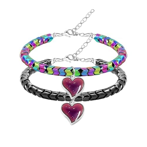Image of Uloveido 2pcs Gear-shaped Hematite Bracelets for Him and Her, Color Changing Mood Heart Bangles Wedding Promise Couples Gifts Y1995-UK (Multi Black)
