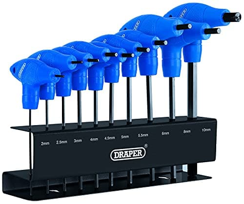 Image of Draper 10 Piece T-Handle Hexagon Allen Key Set | Metric Long Pattern Hand Tools | Hex Key Wrench Kit | Long Arm Chrome Vanadium Steel Kit | Steel Wall Mounting Stand| 33869