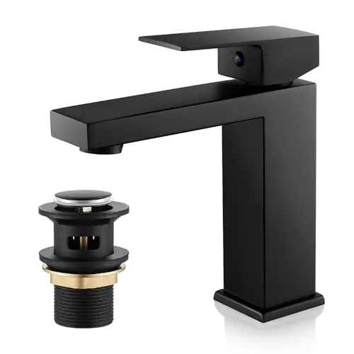 Image of Basin Mixer Tap with Drain, Black Bathroom Sink Taps with Waste, Monobloc Single Handle Washroom Faucet Modern Washbasin Tap Mixer with Pop Up Waste