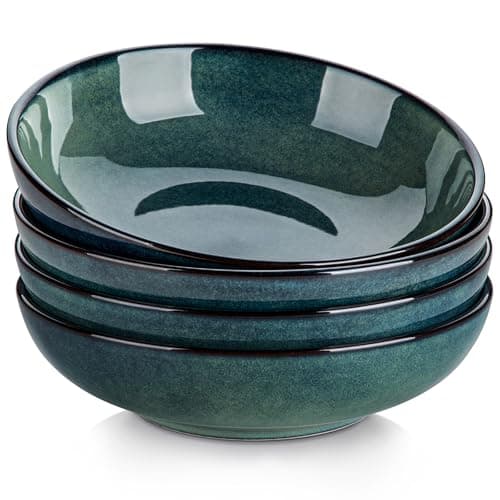 Image of vancasso Stern 38 oz/1140 ml Ceramic Pasta Bowl Set of 4, Large Salad Bowls for Serving, Microwave Oven Safe Soup Bowls for Kitchen, Green Stoneware Bowl Set