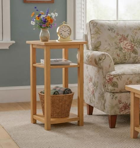 Image of Hallowood Furniture Aston Wooden Small Side Table with 2 Shelves, Light Oak Plant Side Table, Small Coffee Tables, Modern Lamp/Plant Stand for Living Room, Bedroom or Hallway