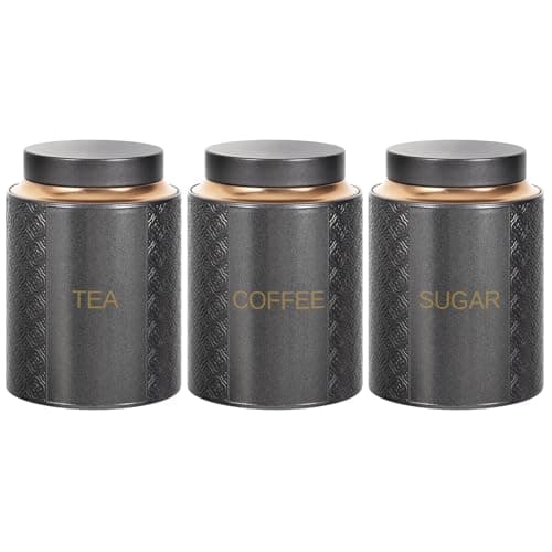 Image of Bayseun Tea Coffee Sugar Canisters, Set of 3 Tea Coffee and Sugar Canisters for Home, Easy Open & Airtight Lids, Tin Caddy, Kitchen Storage Jars, Decorative Stainless Tins, Grey