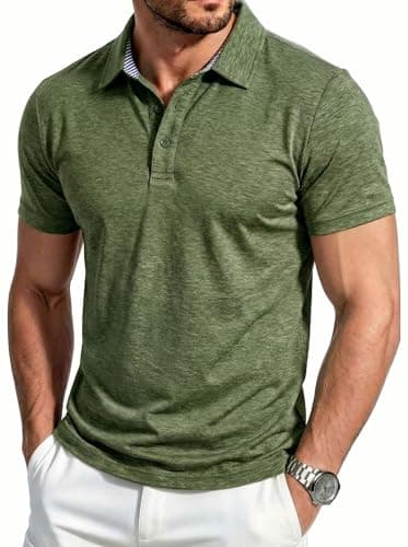 Image of EKLENTSON Men's Polo Shirts 3 Button Placket Casual Quick Dry Performance T Shirt Collared Golf Polo Shirts,Army Green,XL