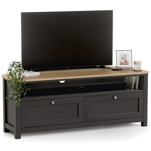 Image of Christow Corner TV Unit with Storage & Oak-Effect Top, Modern Television Stand with 2 Drawers & Open Shelf, Space-Saving MDF Media Cabinet for Living Room, Matte Painted – Charcoal, H45 x W115 x D45cm