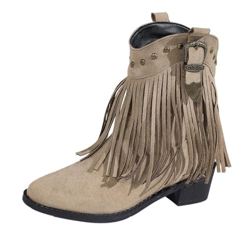 Image of Generisch Women's Cowboy Boots Suede Half Boots Ankle High Western Boots Pointed Low Heel Boots Perforated Suede Half Boots Women's Shoes Long Boots, beige, 5 UK