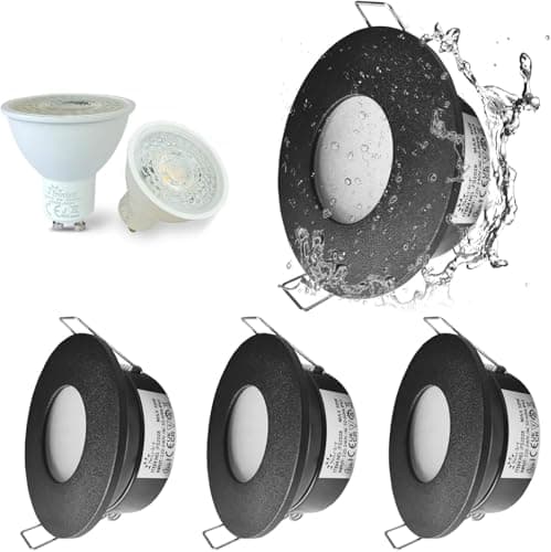 Image of Sweier 4 Pack Waterproof GU10 Downlight, IP65 LED Bathroom Spotlight, Cool White 6000K, 5W 430 Lumen, Recessed Ceiling Light, Cutout Size 68mm/2.68in – Black