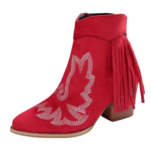 Image of Generisch Women's Ankle Boots Suede Fringe Short Boots Block Heel Zip Casual Comfortable Slip Autumn Winter Shoes, red, 8.5 UK