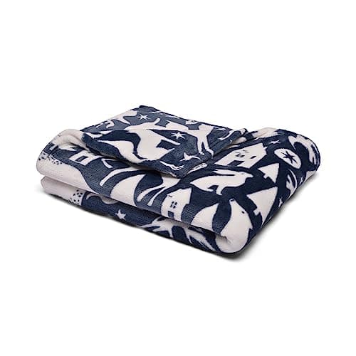 Image of Fusion - Navy Blue Woodland Animals Fleece Blanket (120 x 150cm) - Soft & Cosy - Scandi Throw - Fox, Bear & Rabbit Print Throw in Navy - Forest Animals & Scandinavian Theme Blanket/Throw for Home