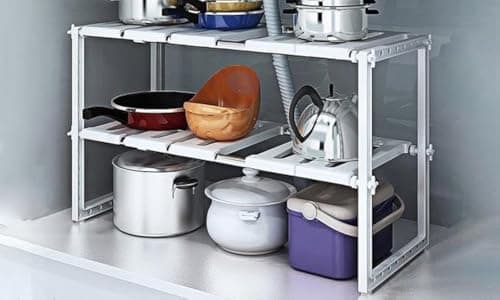 Image of Vinsani® Under Sink 2 Tiers Expandable Kitchen Storage Multi-Functional Rack Adjustable Caddy Under Sink Organizer Storage Shelf Cabinet