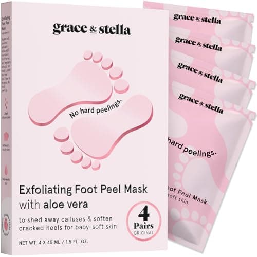 Image of grace & stella Award-Winning Foot Peeling Mask - Foot Peel Masks with Aloe Vera (4 Pairs, Unscented) - Moisturizing Foot Masks That Remove Dead Skin, Exfoliating Foot Mask for Dry Cracked Feet