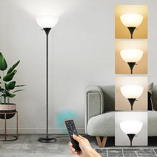 Image of OUTON Dimmable Upligther Floor Lamp with Remote Control, 3000K-6000K Adjustable Color Temperatures, Bulb Included, 1H Timer, LED Bright Tall Torchiere Standing Lamp for Living Room, Bedroom, Office
