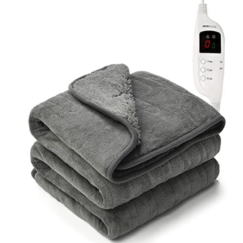Image of MONHOUSE 130X160 cm Soft Electric Sofa Blanket - Fleece Single Heated Throw With Digital Controller - Machine Washable Bed Throw, Timer up to 9 hours, 9 Heat Settings, Auto Shutoff - Dark Grey Sherpa