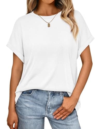 Image of Cuptacc Tee Shirts for Women UK Loose Fit Scoop Neck T Shirt Women Comfortable Lounge Solid Tops Summer Breathable Short Sleeve Tunic White 14-16