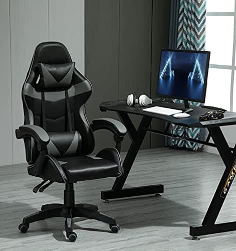 Image of mcc direct Swivel Faux Leather Office Chair Racing Sports Gaming Tilt Computer Desk Chair with Headrest & Lumbar Cushion A (Grey)