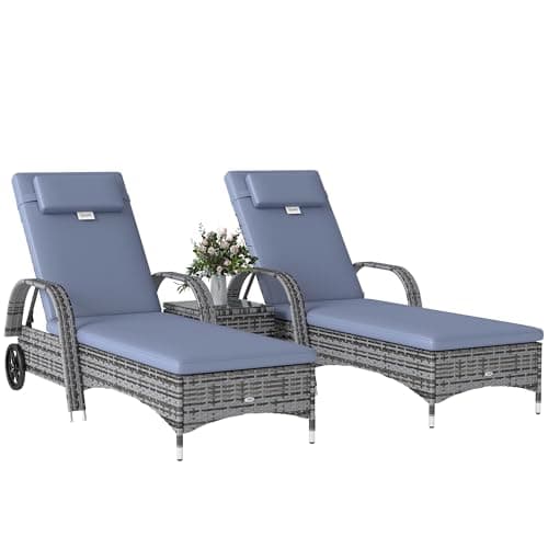 Image of Outsunny Rattan Sun Loungers Set of 2 with Side Table, 3-Piece Garden Furniture Set, Adjustable Recliner Sunlounger Sunbed with Cushions & Headrest, Wheels, Outdoor Patio Daybed, Grey