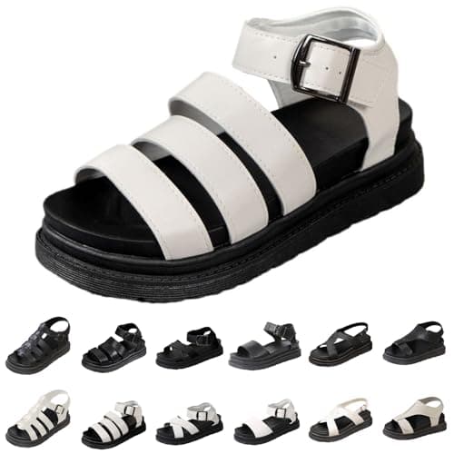 Image of Momolaa UK 7.5 Chunky Sandals Ladies Womens Flatform Gladiator Platform Chunky Sole Strappy Summer Sandals Buckle Ankle Strap Walking Sandal #002_Clearance White Footwears