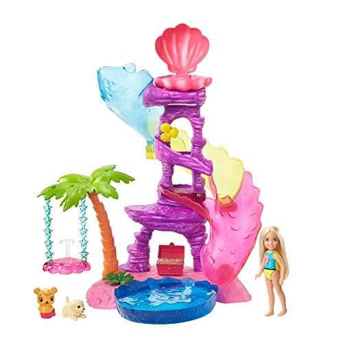 Image of Barbie Dreamtopia Chelsea Water Lagoon Playset with Chelsea Doll (6 in Blonde), 2 Pets, Slide, Pool & Swing, Gift for 3 to 7 Year Olds