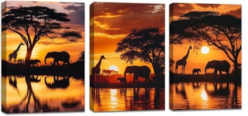 Image of ChaudArt 3 Pieces Elephant and Giraffe African Sunset Lighted Canvas Wall Art Print Canvas Canvas Wall Art Print