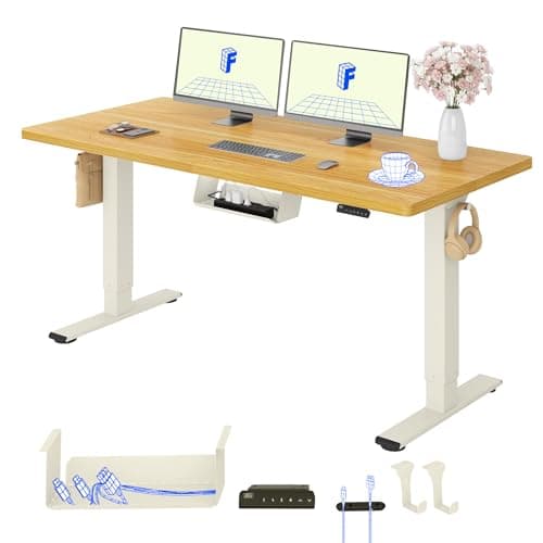 Image of FLEXISPOT ONE PIECE Electric Standing Desk, 160x80cm, Sit Stand Table Height Adjustable Desk with Memory Smart Pannel for Home Office,Mousse White+Maple