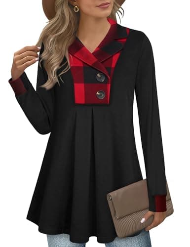Image of GUUKA Ladies Casual Long Sleeve V Neck Swing Tunic Tops Loose Pleated Pullover Sweatshirt Longline Autumn Jumpers Sweater For Women UK(Black Red,M)