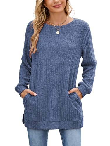 Image of Famulily Women's Jumpers Long Sleeve Tops Ladies Knit Lightweight Sweatshirts Round Neck Ribbed Pullover Sweaters with Pockets Navy L