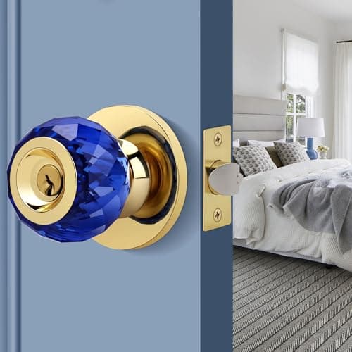 Image of LOQRON Crystal Door Knob with Privacy Lock, Blue Glass Interior Door Knob with Keys and Lock, Round Design Crystal Doorknob for Bathroom Bedroom, Gold