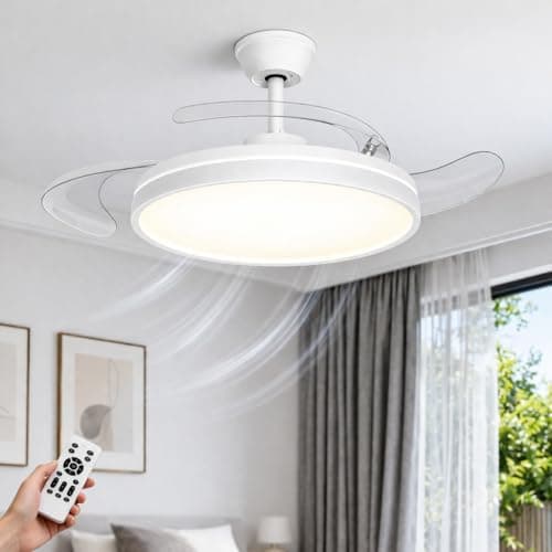 Image of OUTON Ceiling Fan with Light and Remote, 42 Inch Retractable Ceiling Fan, 6 Speed DC Motor, Dimmable LED 3000K/4000K/6000K, 2H/4H Timer, Memory, Low Profile for Bedroom Living Room Kitchen, White