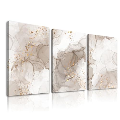 Image of Beige Abstract Wall Art Set of 3,Beige Gold Boho Wall Decor Living Room,Netural Tones Mid Century Modern Framed Wall Art,Netural Boho Canvas Art Wall Decor Paintings for Bedroom Bathroom-"12"x"16"