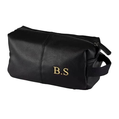 Image of Personalised Embroidered Mens PU Leather Wash Bag with Strap Black or Brown - Mens Vegan Leather Toilet Bag Embroidered with Initials (Black)